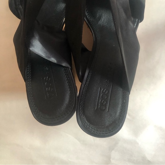 ❤️ASOS Black Twist Tie Leg Cork Wedges Satin Straps Strappy Leather Platforms - Picture 4 of 6
